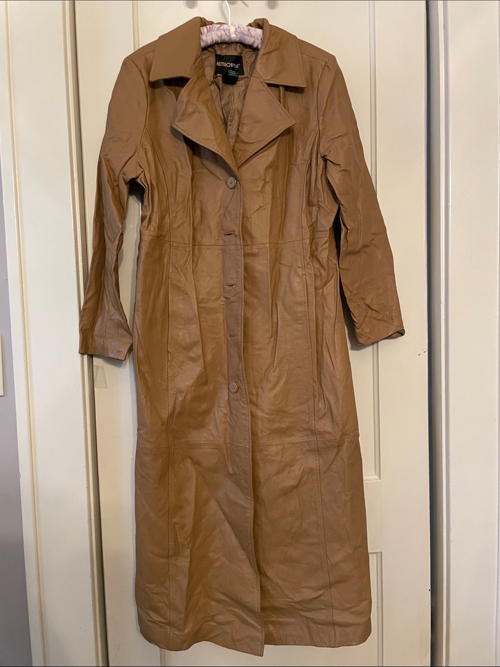 Vintage Metro Style Women's Long Tan Leather Trench Coat, Button-Front